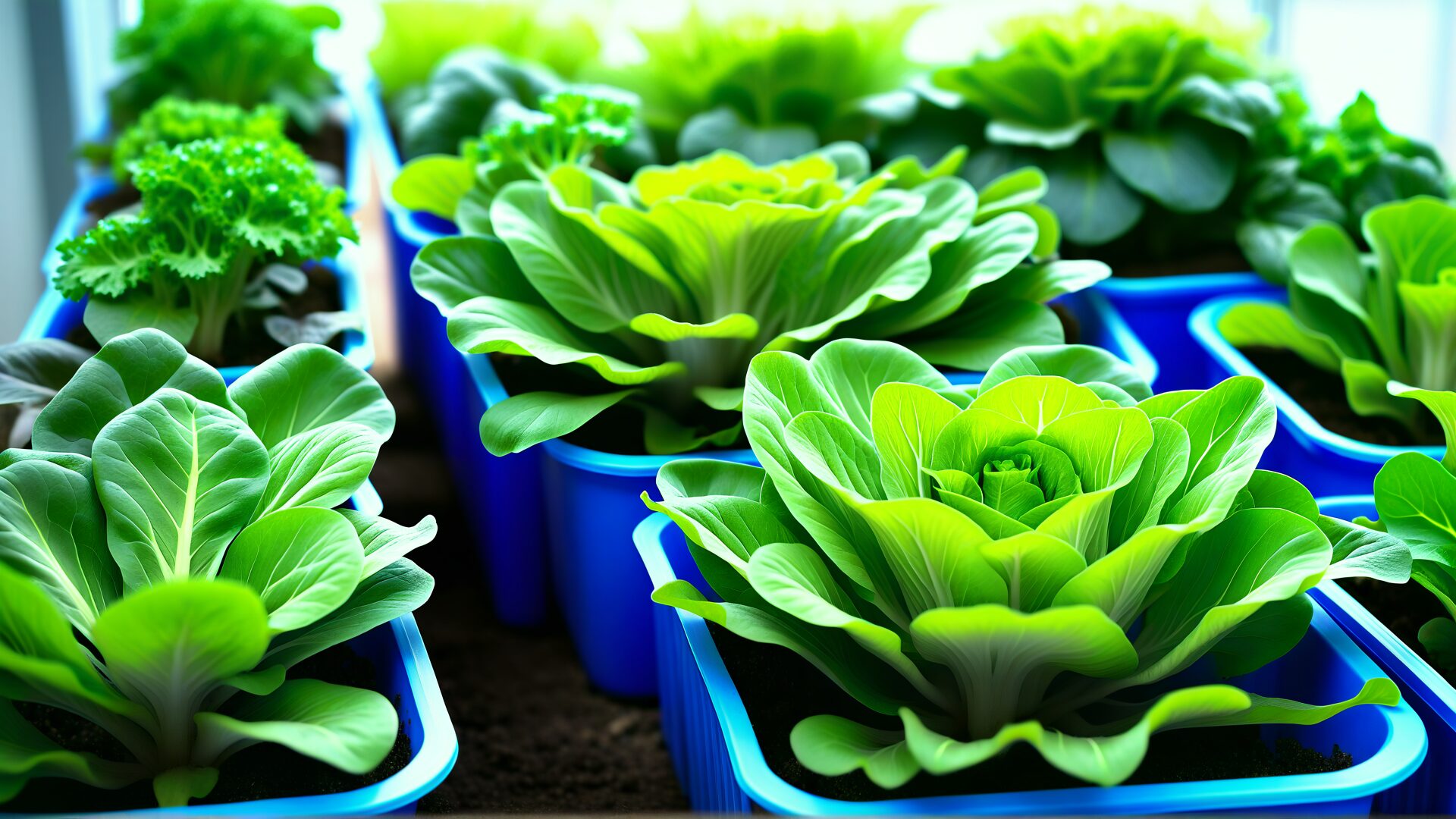 Lettuce plants growing in blue hydroponic containers