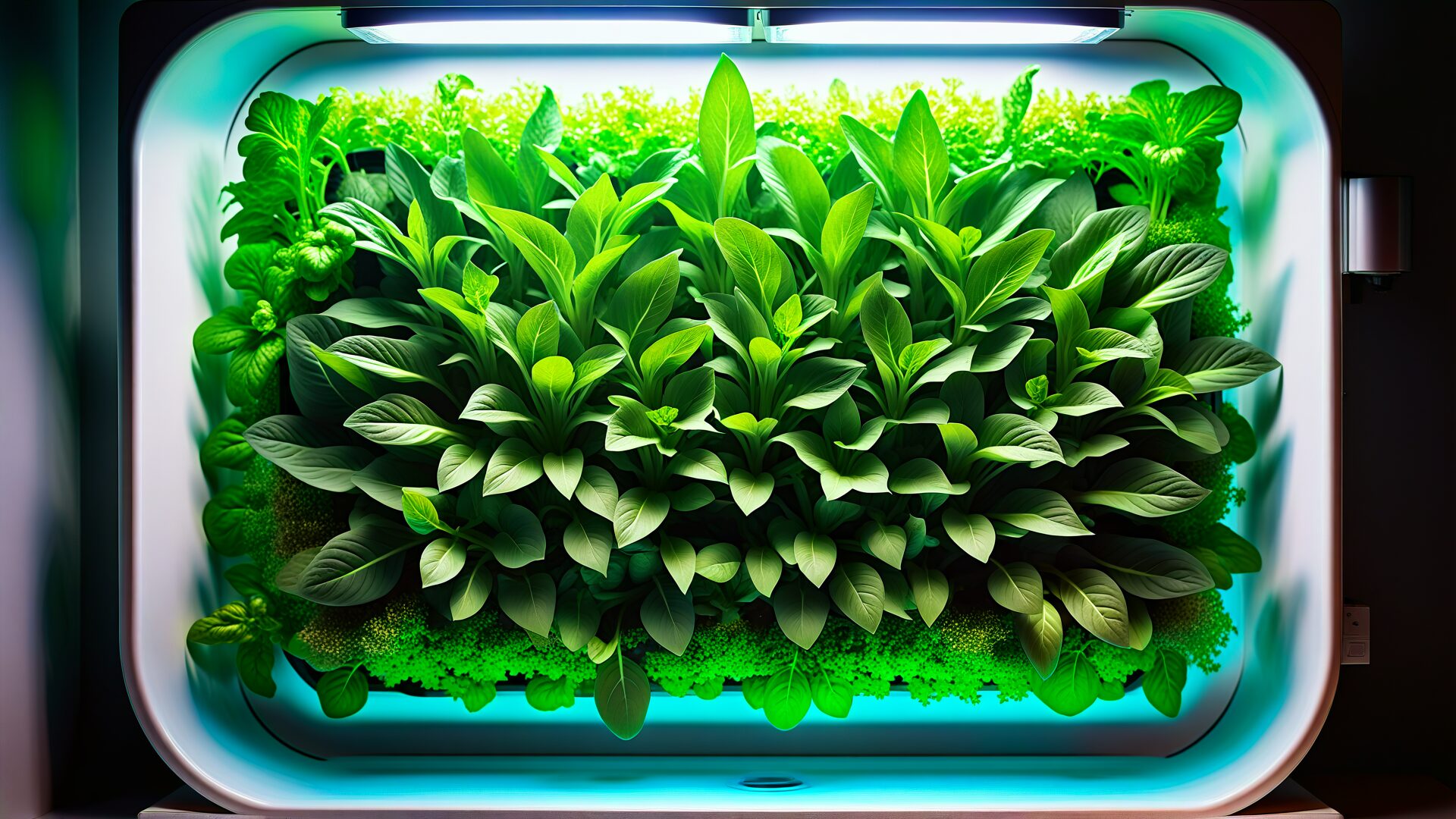 Dense tray of leafy greens growing under a light